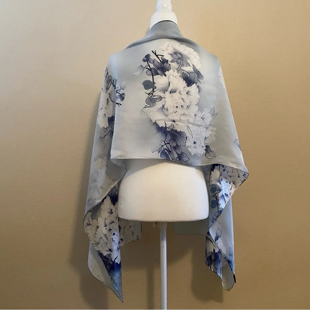 100% Silk Hand Stitched Floral Blue and Gray Oblong Scarf